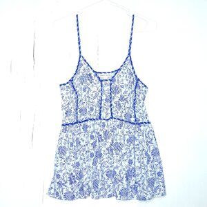 Knox Rose White with Blue Floral Print Flowy Tank Top L Coquette Cottage Boho